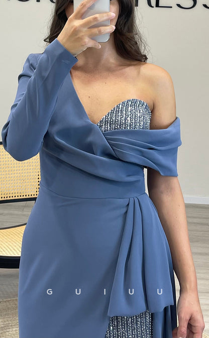 G3544 - Classic & Timeless Sheath Asymmetrical Long Sleeves Sequined Draped High Side Slit Floor-Length Ballgown Prom Dress With Overlay
