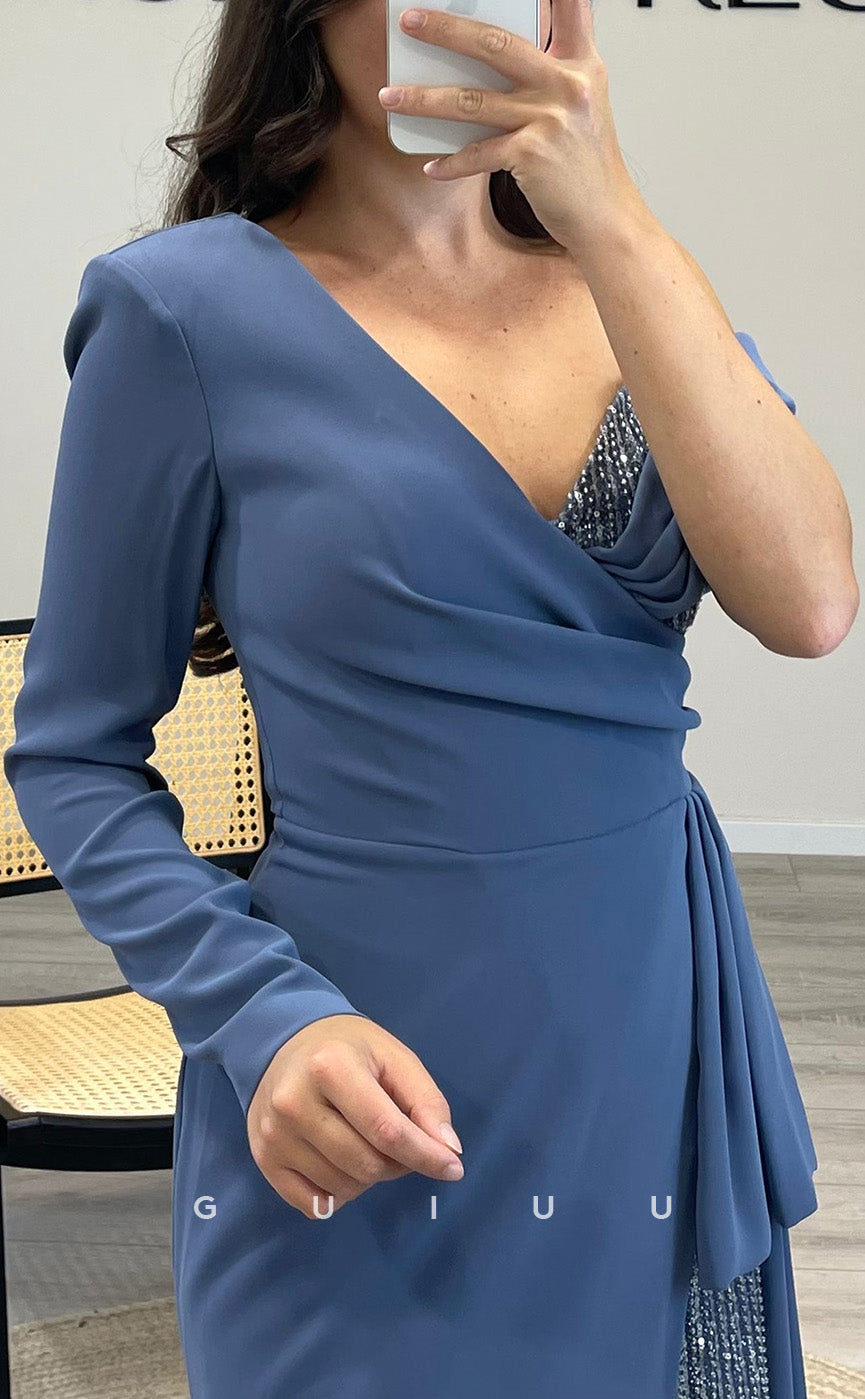 G3544 - Classic & Timeless Sheath Asymmetrical Long Sleeves Sequined Draped High Side Slit Floor-Length Ballgown Prom Dress With Overlay