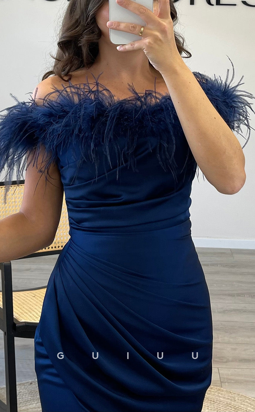 G3545 - Sexy & Hot Sheath Off Shoulder Feather Draped High Side Slit Floor-Length Party Gown Prom Dress With Sweep Train