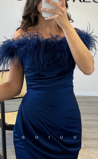 G3545 - Sexy & Hot Sheath Off Shoulder Feather Draped High Side Slit Floor-Length Party Gown Prom Dress With Sweep Train