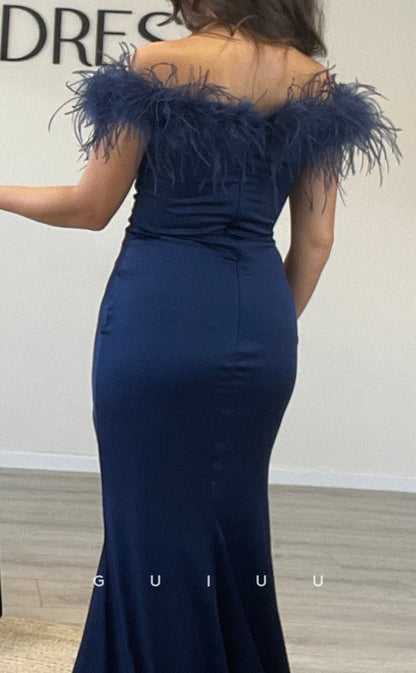 G3545 - Sexy & Hot Sheath Off Shoulder Feather Draped High Side Slit Floor-Length Party Gown Prom Dress With Sweep Train