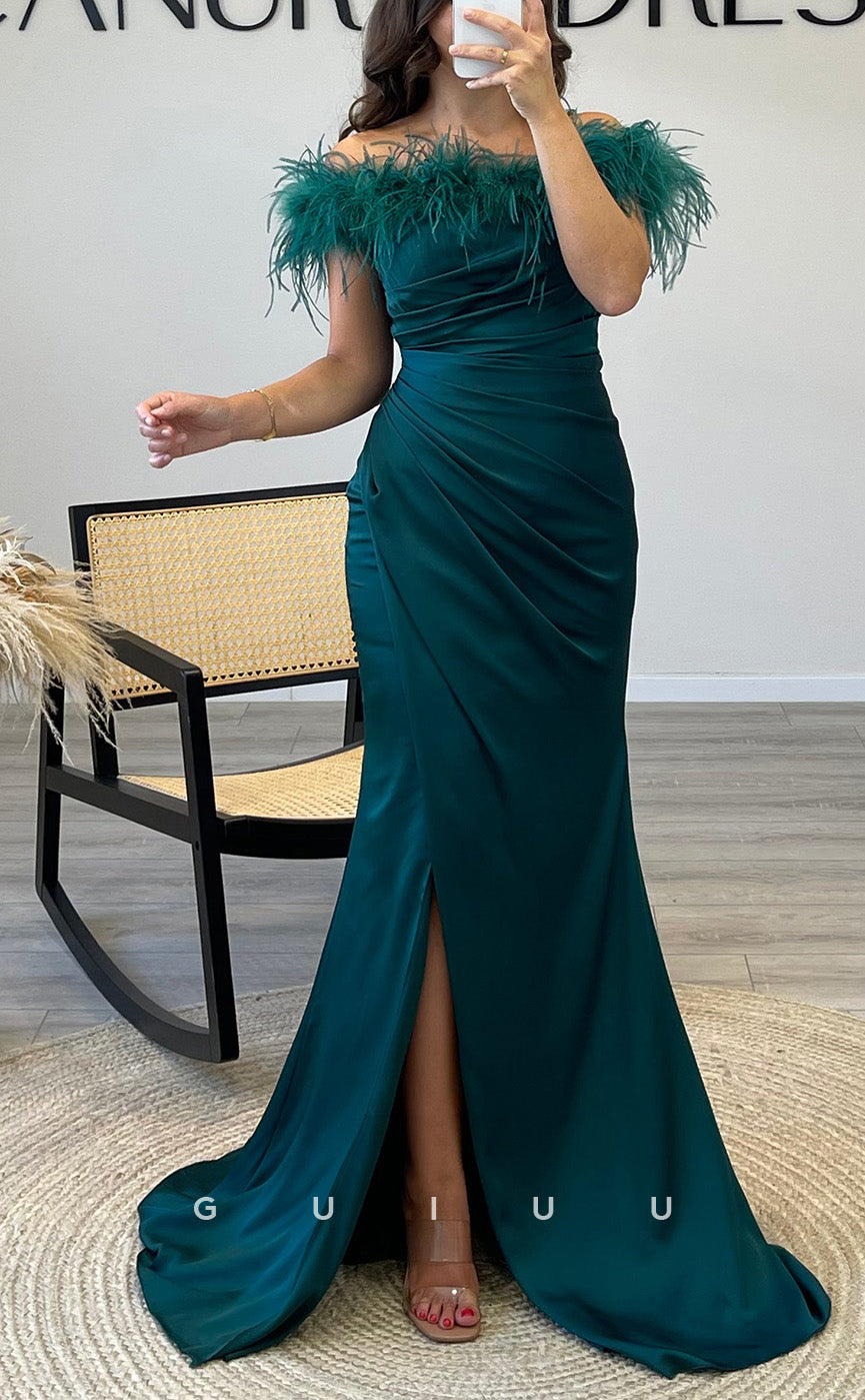 G3545 - Sexy & Hot Sheath Off Shoulder Feather Draped High Side Slit Floor-Length Party Gown Prom Dress With Sweep Train