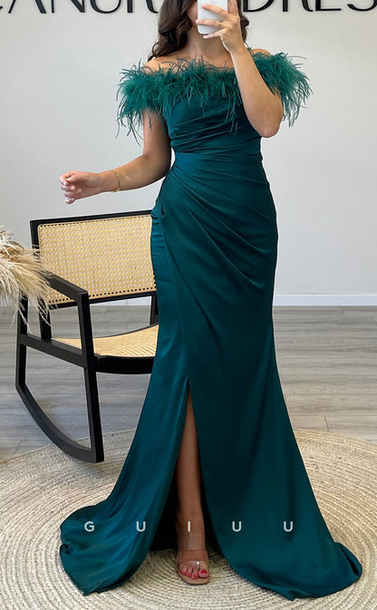 G3545 - Sexy & Hot Sheath Off Shoulder Feather Draped High Side Slit Floor-Length Party Gown Prom Dress With Sweep Train