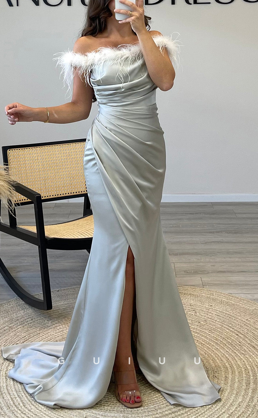 G3545 - Sexy & Hot Sheath Off Shoulder Feather Draped High Side Slit Floor-Length Party Gown Prom Dress With Sweep Train