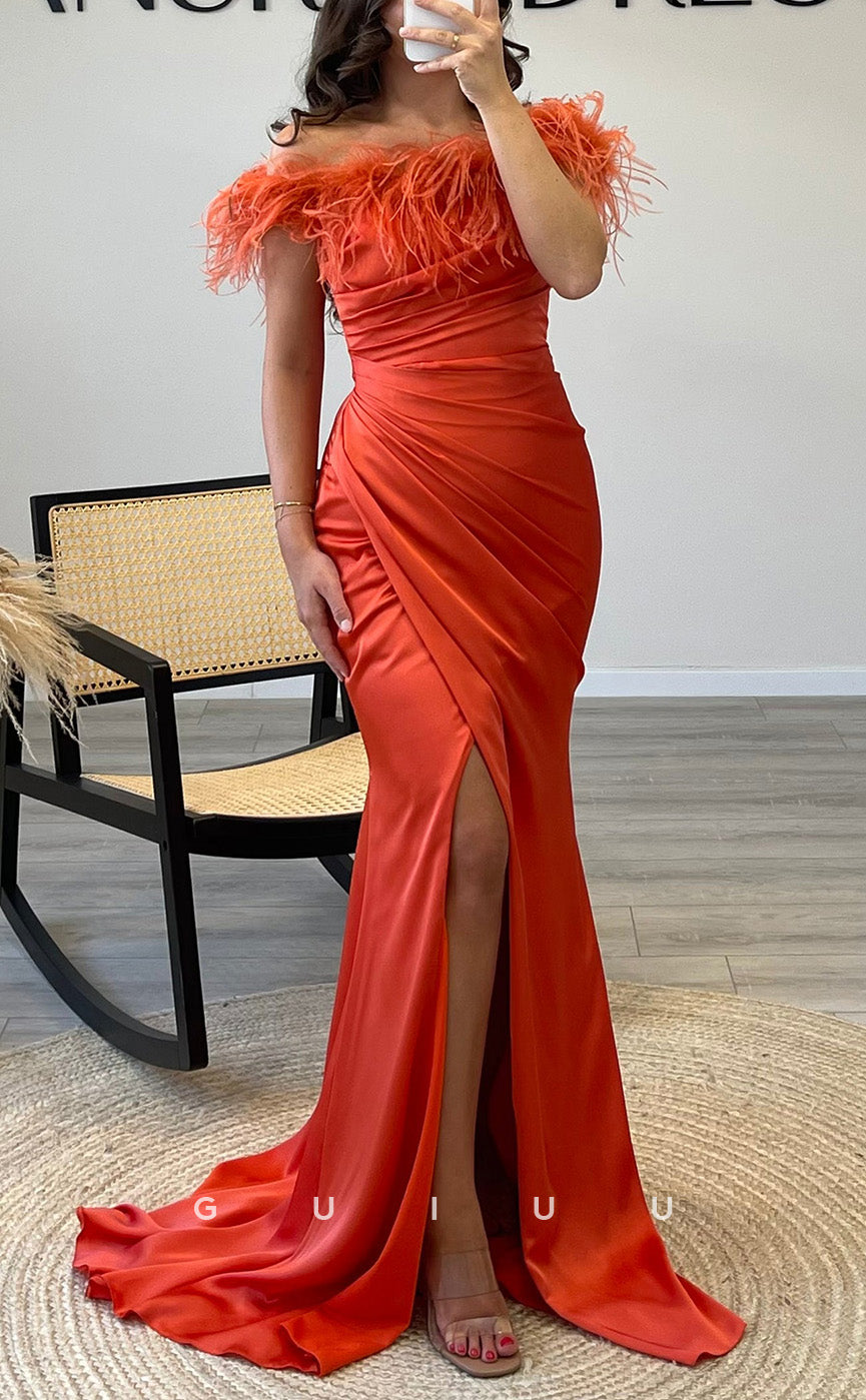 G3545 - Sexy & Hot Sheath Off Shoulder Feather Draped High Side Slit Floor-Length Party Gown Prom Dress With Sweep Train