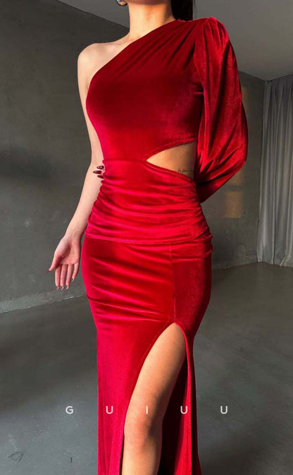 G3548 - Sexy & Hot Sheath One shoulder Long Bishop Sleeves Cut Outs High Side Slit Floor-Length Party Dress