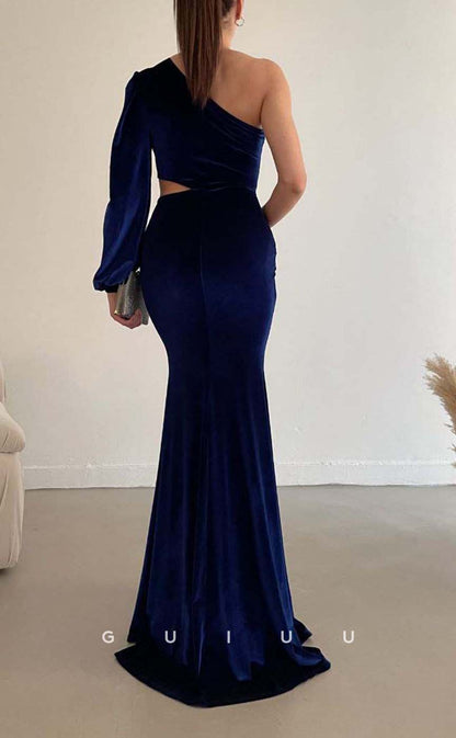 G3548 - Sexy & Hot Sheath One shoulder Long Bishop Sleeves Cut Outs High Side Slit Floor-Length Party Dress
