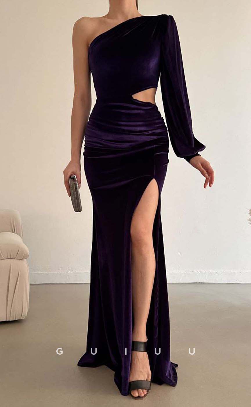 G3548 - Sexy & Hot Sheath One shoulder Long Bishop Sleeves Cut Outs High Side Slit Floor-Length Party Dress