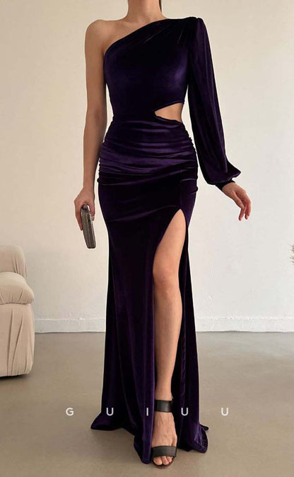 G3548 - Sexy & Hot Sheath One shoulder Long Bishop Sleeves Cut Outs High Side Slit Floor-Length Party Dress