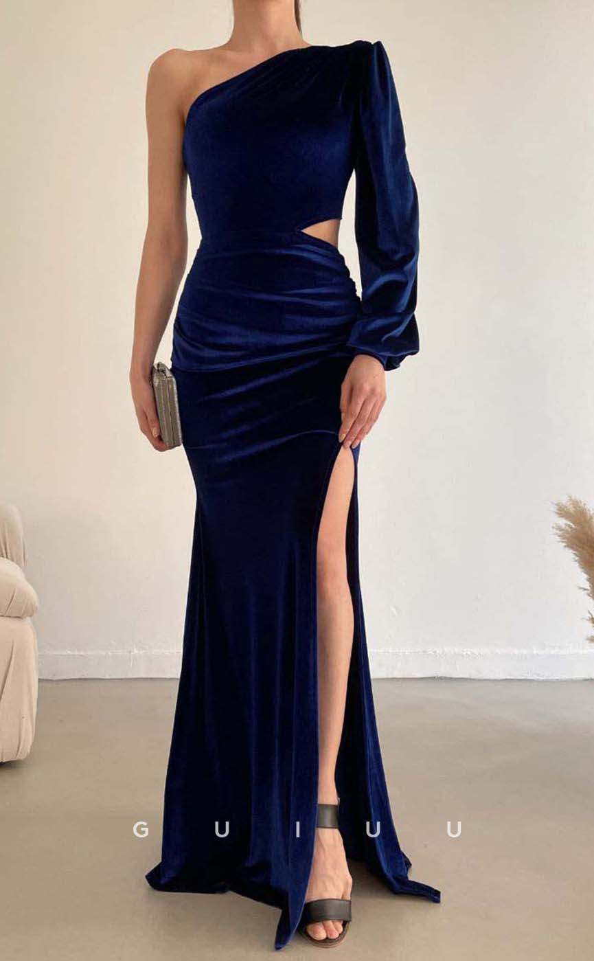 G3548 - Sexy & Hot Sheath One shoulder Long Bishop Sleeves Cut Outs High Side Slit Floor-Length Party Dress