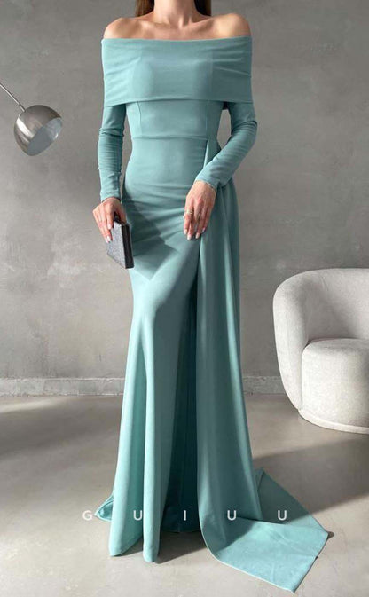 G3552 - Sexy & Hot Sheath Off Shoulder Long Sleeves Floor-Length Formal Dress With Overlay