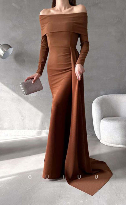 G3552 - Sexy & Hot Sheath Off Shoulder Long Sleeves Floor-Length Formal Dress With Overlay