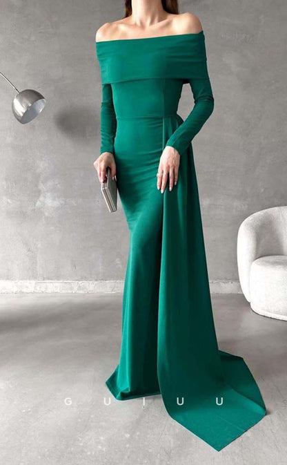 G3552 - Sexy & Hot Sheath Off Shoulder Long Sleeves Floor-Length Formal Dress With Overlay