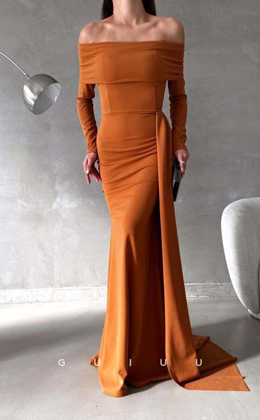 G3552 - Sexy & Hot Sheath Off Shoulder Long Sleeves Floor-Length Formal Dress With Overlay