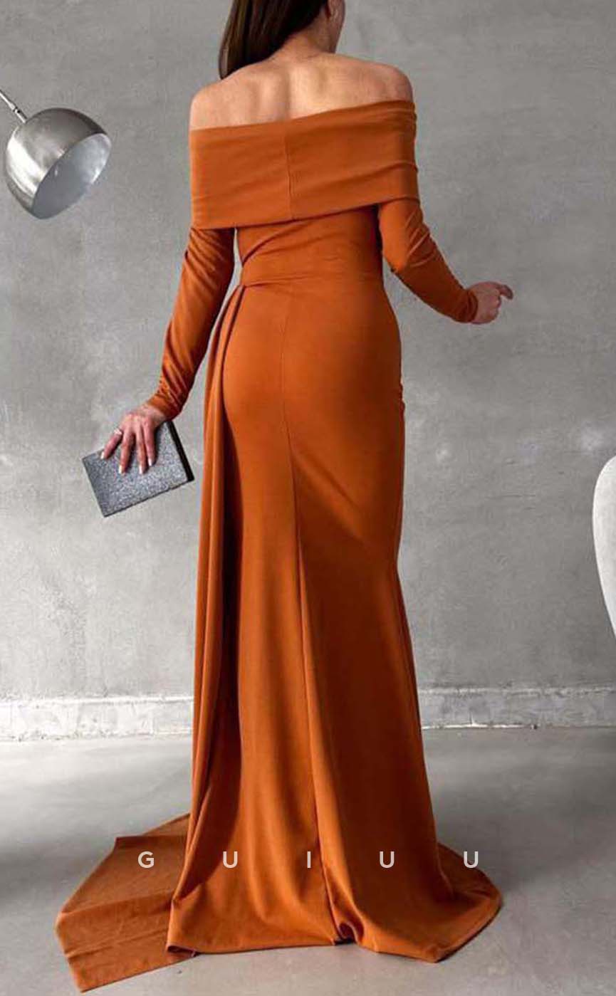 G3552 - Sexy & Hot Sheath Off Shoulder Long Sleeves Floor-Length Formal Dress With Overlay