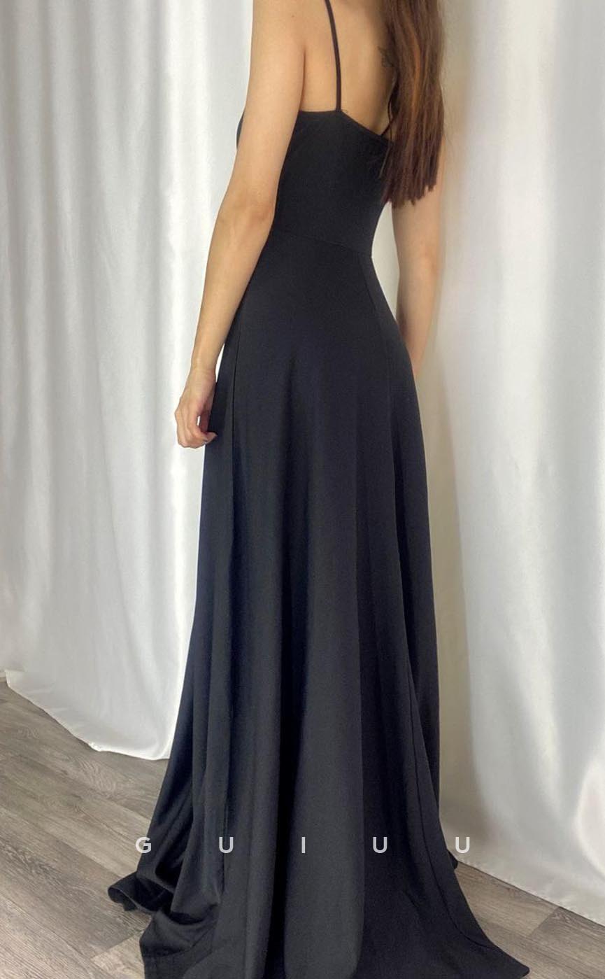 G3555 - Simple & Casual A-Line Straps V-Neck Side Slit Draped Floor-Length Party Dress