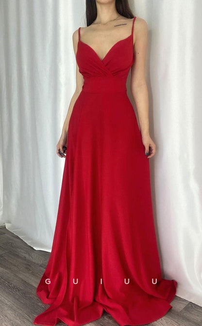 G3555 - Simple & Casual A-Line Straps V-Neck Side Slit Draped Floor-Length Party Dress