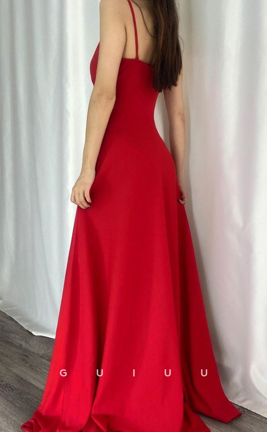 G3555 - Simple & Casual A-Line Straps V-Neck Side Slit Draped Floor-Length Party Dress