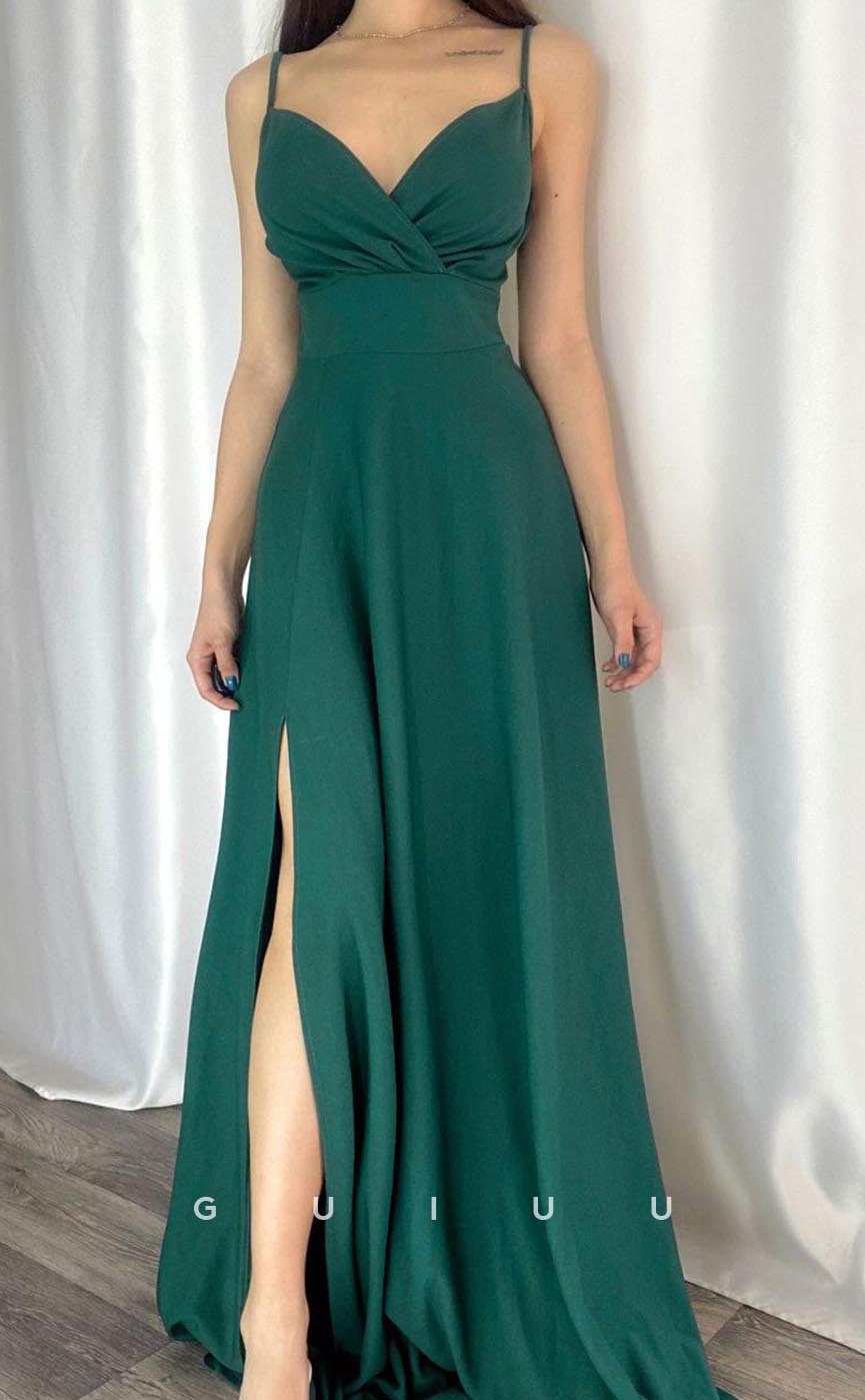 G3555 - Simple & Casual A-Line Straps V-Neck Side Slit Draped Floor-Length Party Dress