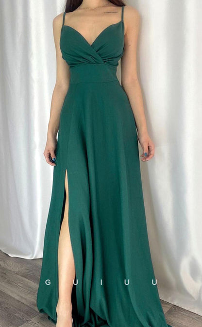 G3555 - Simple & Casual A-Line Straps V-Neck Side Slit Draped Floor-Length Party Dress