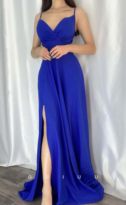 G3555 - Simple & Casual A-Line Straps V-Neck Side Slit Draped Floor-Length Party Dress