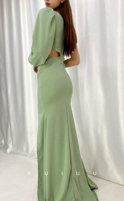 G3556 - Classic & Timeless Sheath One Shoulder Long Bishop Sleeves Cut Outs High Side Slit Floor-Length Formal Dress