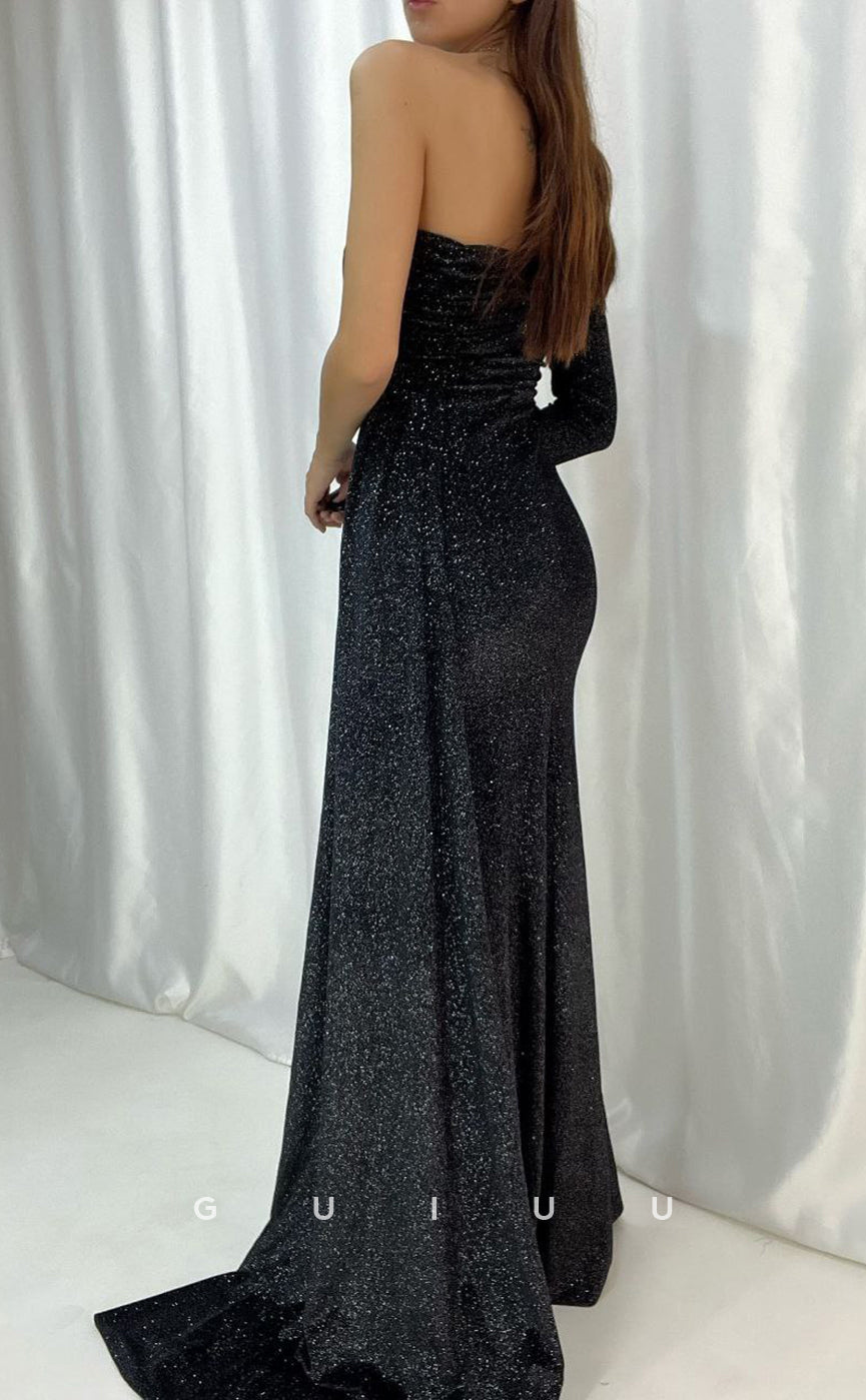 G3558 - Sexy & Hot Sheath One Shoulder Long Sleeves Draped Side Slit Floor-Length Party Dress With Overlay