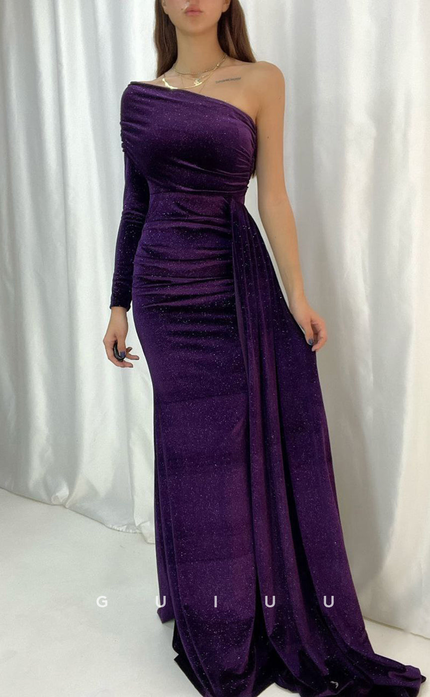 G3558 - Sexy & Hot Sheath One Shoulder Long Sleeves Draped Side Slit Floor-Length Party Dress With Overlay