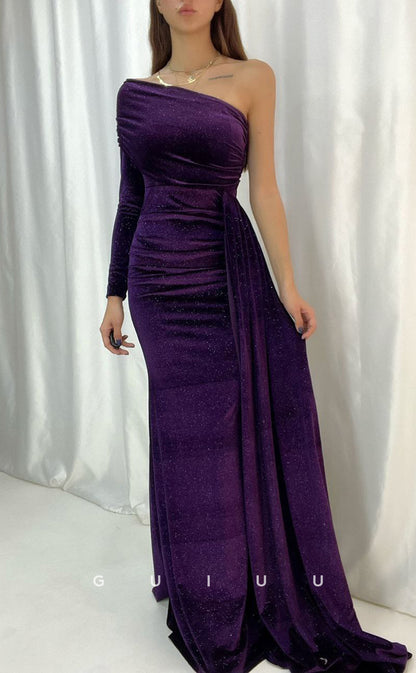 G3558 - Sexy & Hot Sheath One Shoulder Long Sleeves Draped Side Slit Floor-Length Party Dress With Overlay