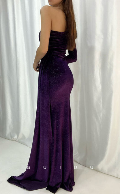 G3558 - Sexy & Hot Sheath One Shoulder Long Sleeves Draped Side Slit Floor-Length Party Dress With Overlay