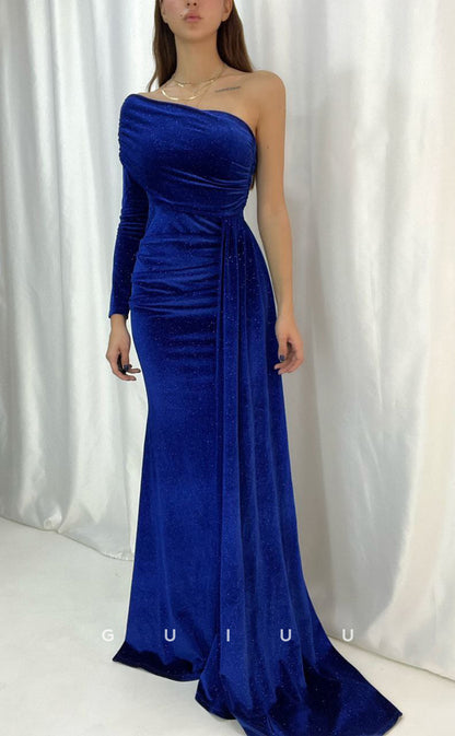 G3558 - Sexy & Hot Sheath One Shoulder Long Sleeves Draped Side Slit Floor-Length Party Dress With Overlay