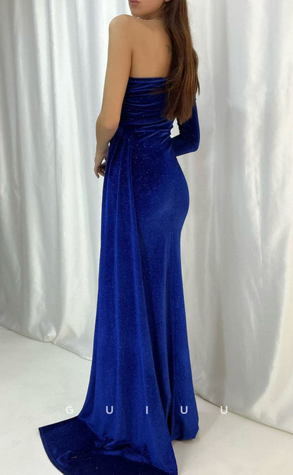 G3558 - Sexy & Hot Sheath One Shoulder Long Sleeves Draped Side Slit Floor-Length Party Dress With Overlay