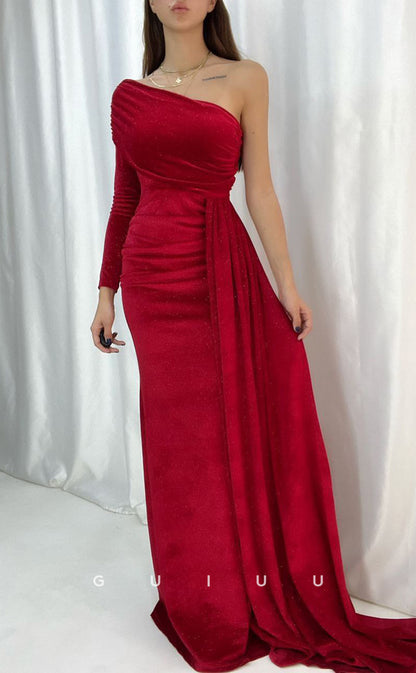 G3558 - Sexy & Hot Sheath One Shoulder Long Sleeves Draped Side Slit Floor-Length Party Dress With Overlay