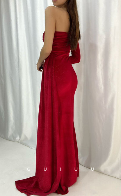 G3558 - Sexy & Hot Sheath One Shoulder Long Sleeves Draped Side Slit Floor-Length Party Dress With Overlay