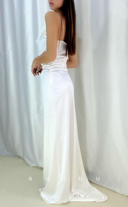 G3563 - Chic & Modern Square Straps Draped High Side Slit Floor-Length Formal Dress With Overlay