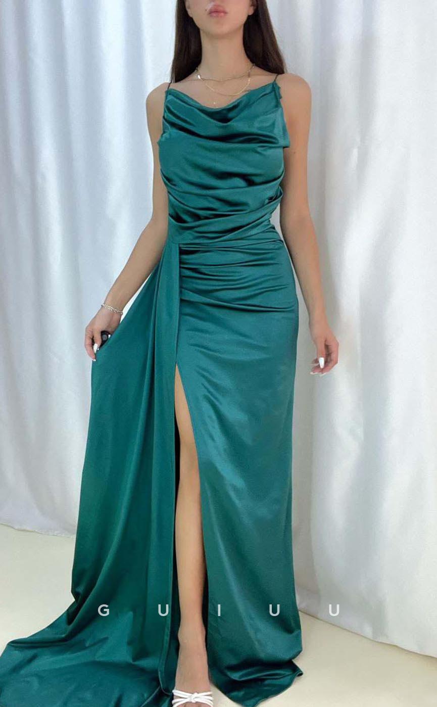 G3563 - Chic & Modern Square Straps Draped High Side Slit Floor-Length Formal Dress With Overlay