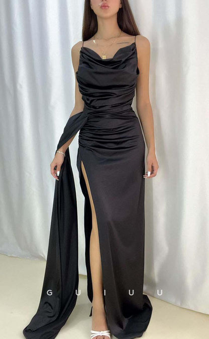 G3563 - Chic & Modern Square Straps Draped High Side Slit Floor-Length Formal Dress With Overlay