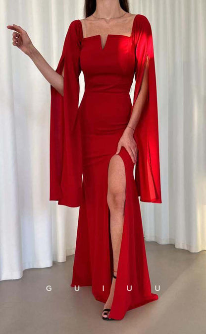 G3564 - Simple & Casual Trumpet Square Long Bell Sleeves Side Slit Floor-Length Party Dress