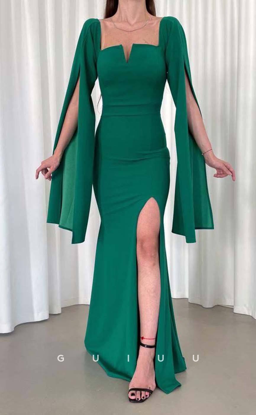 G3564 - Simple & Casual Trumpet Square Long Bell Sleeves Side Slit Floor-Length Party Dress