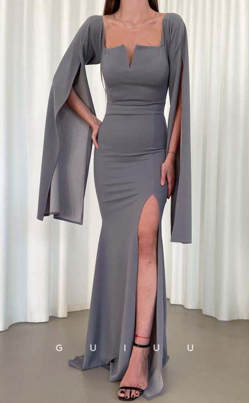 G3564 - Simple & Casual Trumpet Square Long Bell Sleeves Side Slit Floor-Length Party Dress