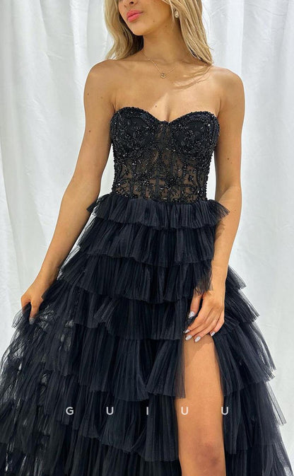 G3576 - Classic & Timeless A-Line Sweetheart Strapless Tulle Beaded Floor-Length Ball Gown Prom Dress