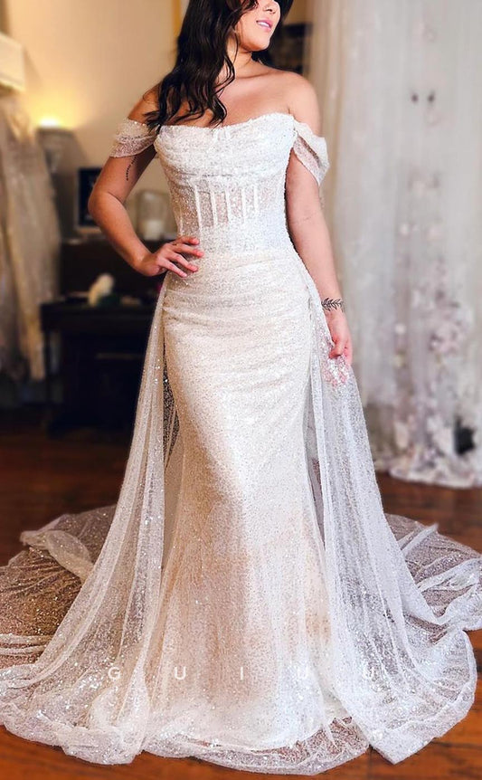 G3585 - Elegant & Luxurious Sheath Off Shoulder Allover Sequins Floor-Length Party Gown Prom Dress With Overlay