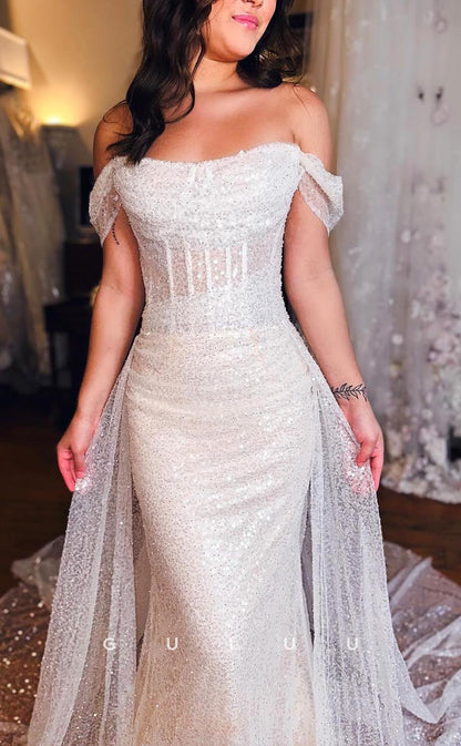 G3585 - Elegant & Luxurious Sheath Off Shoulder Allover Sequins Floor-Length Party Gown Prom Dress With Overlay