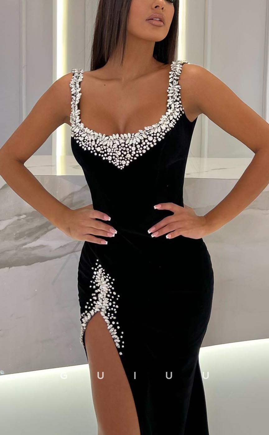 G3630 - Sexy & Hot Sheath Square Straps Beaded Evening Party Gown Prom Dress with High Side Slit