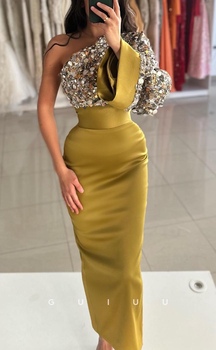 G3631 - Chic Sheath One Shoulder Long Sleeves Ankle-Length Party Gown Prom Dress with Sequins and Beads