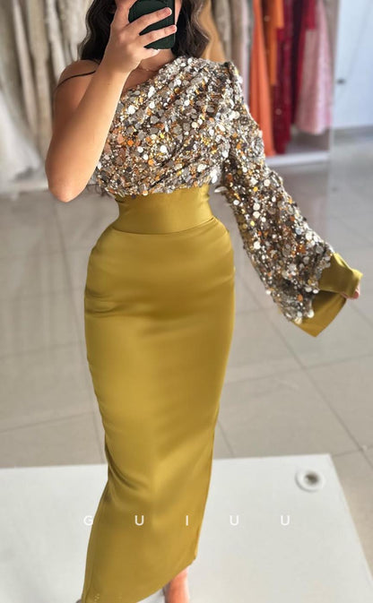 G3631 - Chic Sheath One Shoulder Long Sleeves Ankle-Length Party Gown Prom Dress with Sequins and Beads