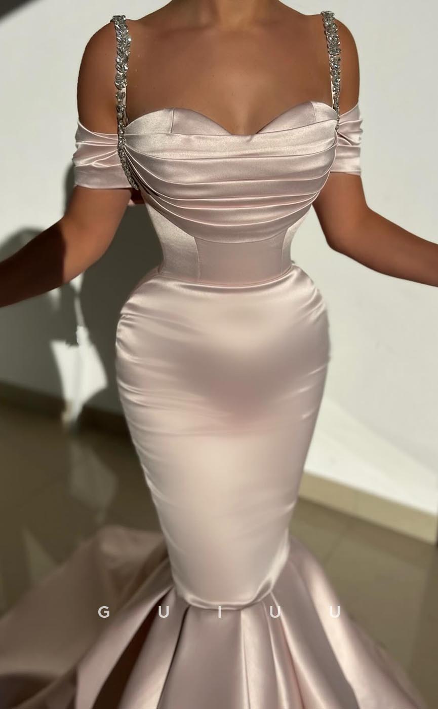 G3744 - Sexy & Hot Trumpet Swetheart Straps Off Shoulder Draped and Beaded Long Party Gown Prom Dress