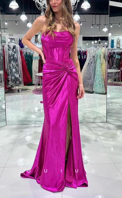 G3777 - Chic & Modern Sheath Strapless Draped Party Gown Prom Dress with Side Slit