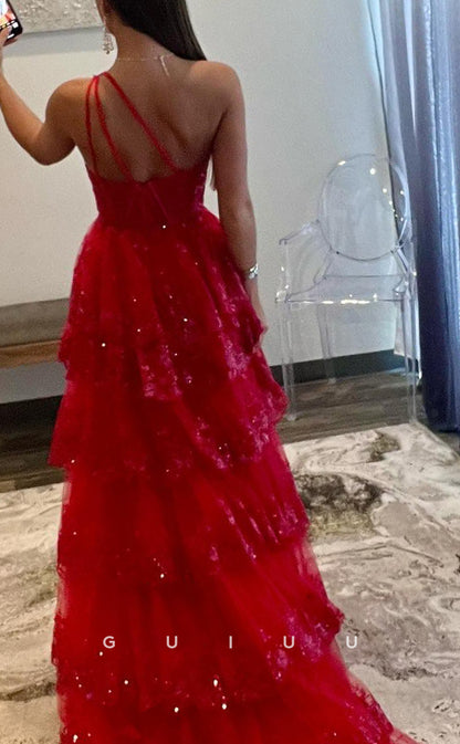 G3792 - Chic & Modern A-Line One Shoulder Fully Sequined and Beaded Formal Party Ballgown Prom Dress with High Side Slit