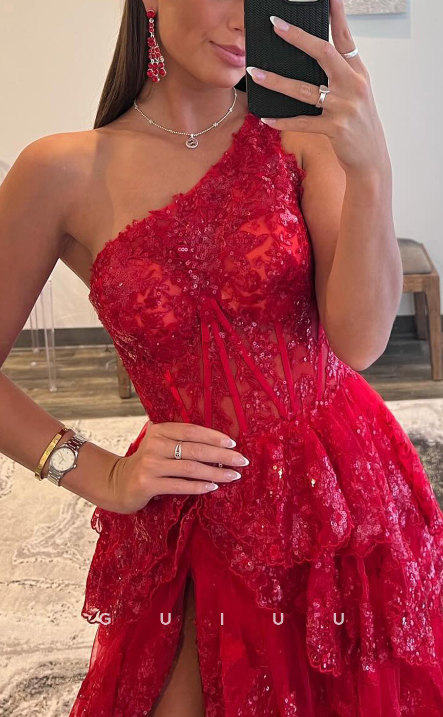 G3792 - Chic & Modern A-Line One Shoulder Fully Sequined and Beaded Formal Party Ballgown Prom Dress with High Side Slit